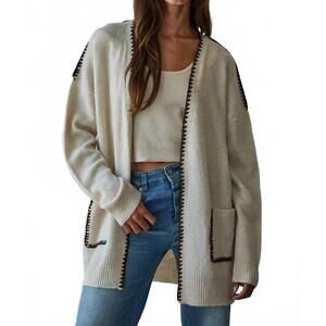 NEW BY TOGETHER lotte contrast stitch open cardigan in light beige